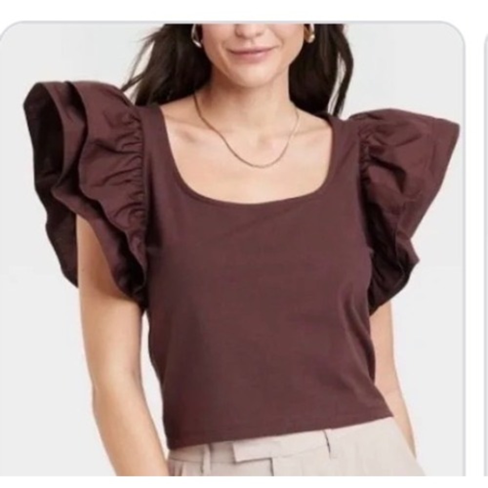 A‎ New Day Womens Ruffle Short Sleeve Square Neck Top Brown Large